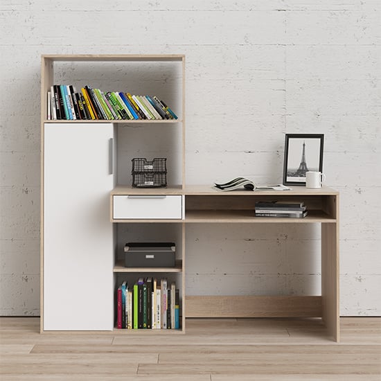 Read more about Frosk wooden computer desk 1 door 1 drawer in white and oak