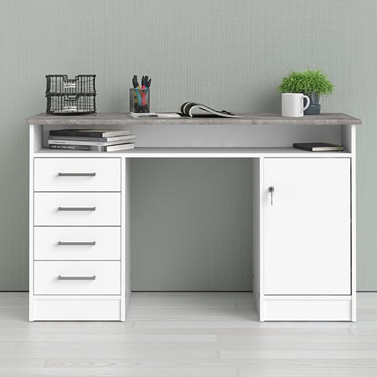 Read more about Frosk wooden computer desk 1 door 4 drawers in white and grey