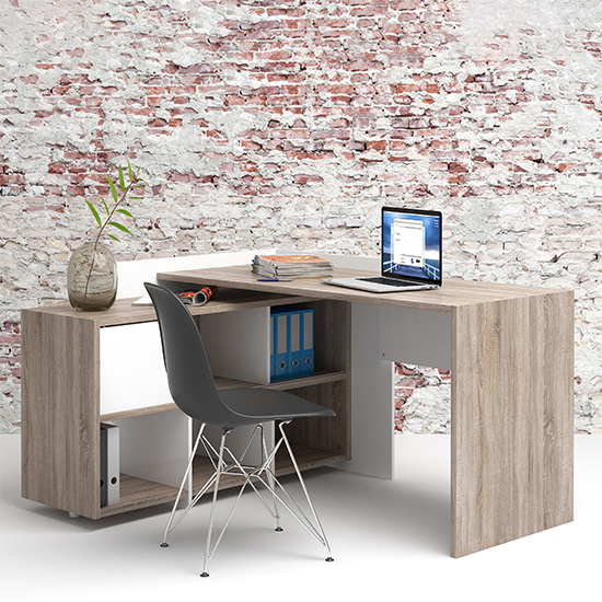 Product photograph of Frosk Computer Desk With 6 Shelf In White And Truffle Oak from Furniture in Fashion