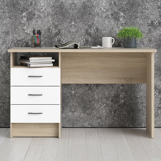 Read more about Frosk wooden computer desk in oak with 3 white drawers