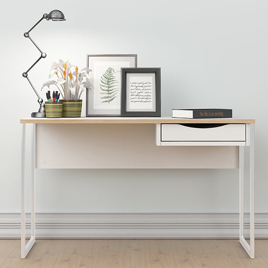Read more about Frosk wide wooden computer desk in white with oak trim