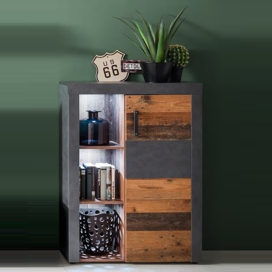 Photo of Saige storage cabinet in old wood and graphite grey with led