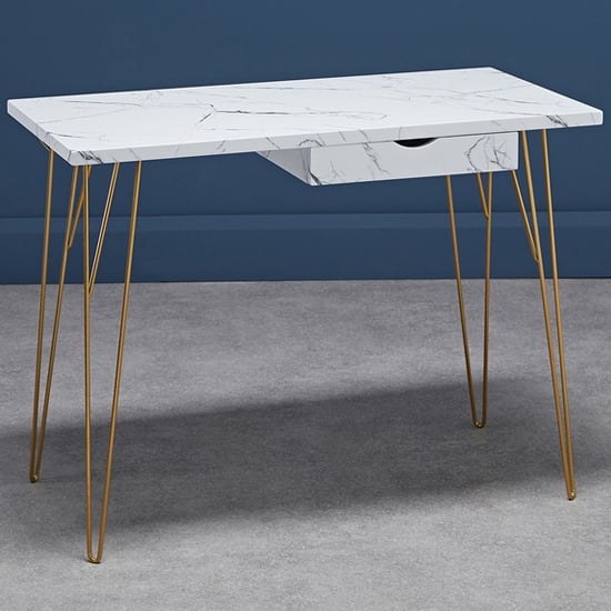 Product photograph of Fuzion Rectangular Marble Laptop Desk With Gold Legs In White from Furniture in Fashion