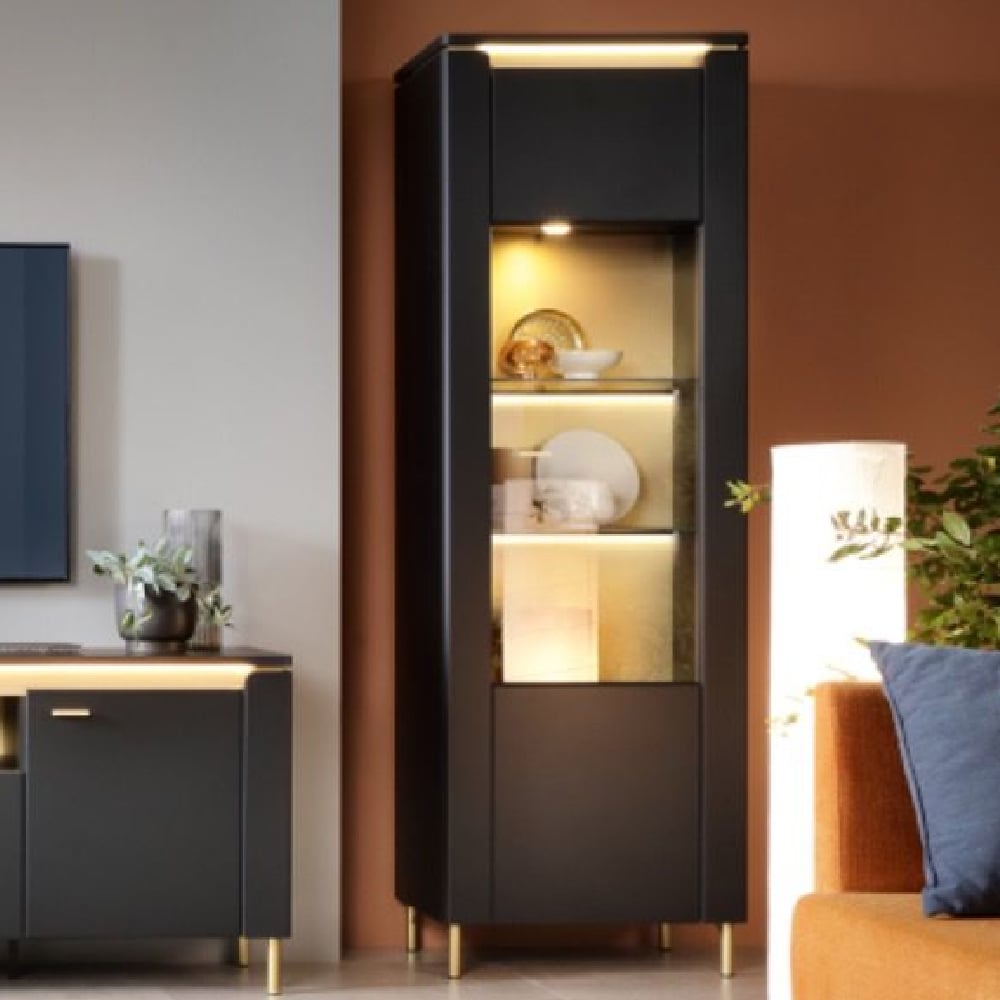 Product photograph of Gaffney Led Wooden Display Cabinet 1 Door In Matt Black Gold from Furniture in Fashion