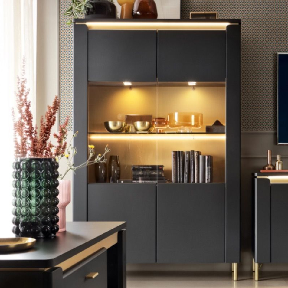 Read more about Gaffney led wooden display cabinet 2 doors in matt black gold