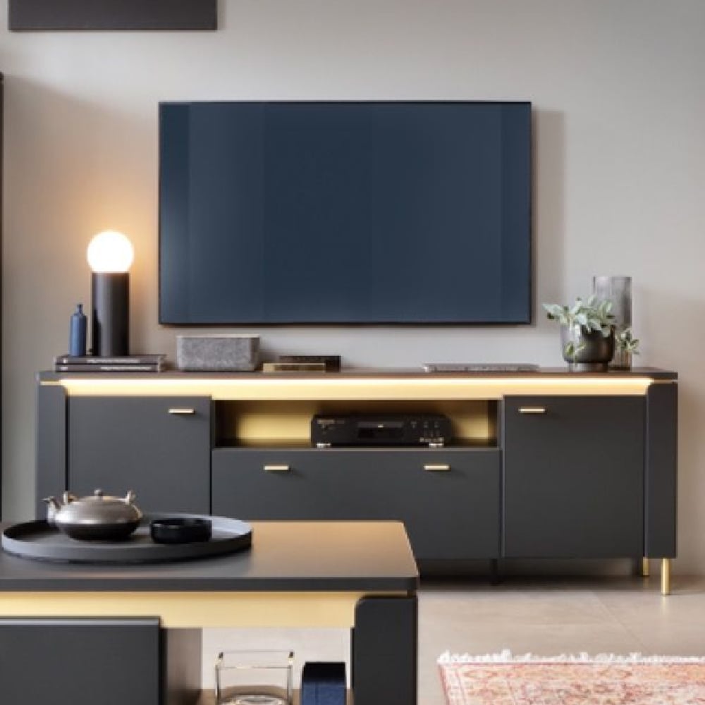 gaffney led wooden tv stand with 2 doors in matt black gold