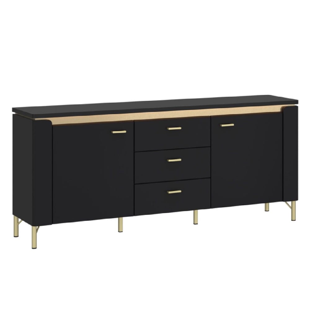 gaffney led wooden tv stand with 3 drawers in matt black gold