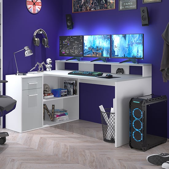 Read more about Groton wooden gaming desk with storage in light grey and white