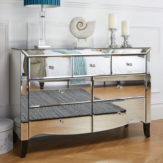 Product photograph of Gatsby Mirrored Wide Chest Of Drawers With 7 Drawers from Furniture in Fashion