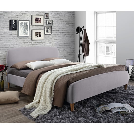 Photo of Geneva fabric king size bed in light grey with oak wooden legs
