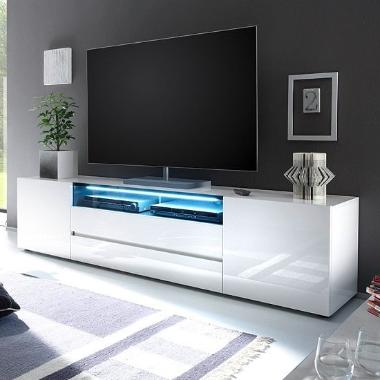 Photo of Genie wide high gloss tv stand in white with led lighting