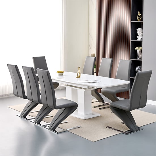 genisimo large gloss extending dining table 8 demi z grey chairs