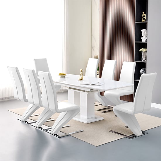 genisimo large gloss extending dining table 8 demi z white chairs