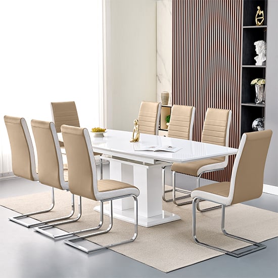 genisimo large gloss extending dining table 8 symphony taupe chairs