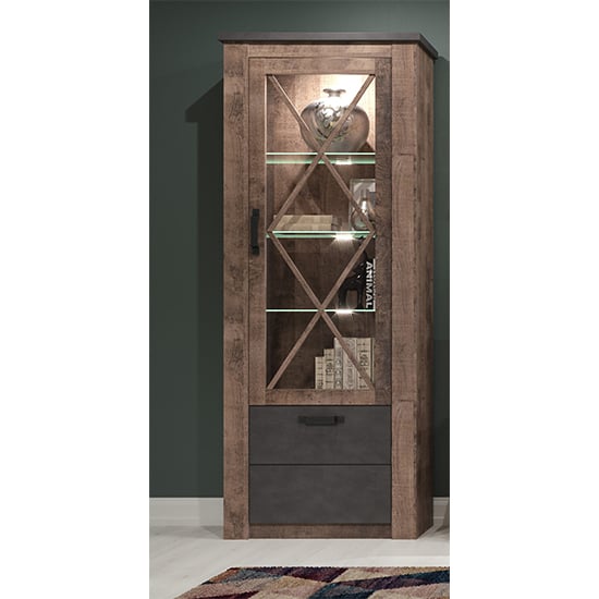 Photo of Gerald led tall wooden display cabinet in matera and brown oak
