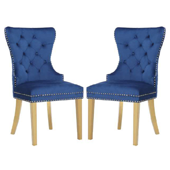 Product photograph of Gerd Blue Velvet Dining Chairs With Gold Legs In Pair from Furniture in Fashion