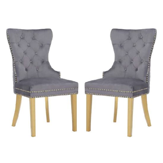 Product photograph of Gerd Dark Grey Velvet Dining Chairs With Gold Legs In Pair from Furniture in Fashion
