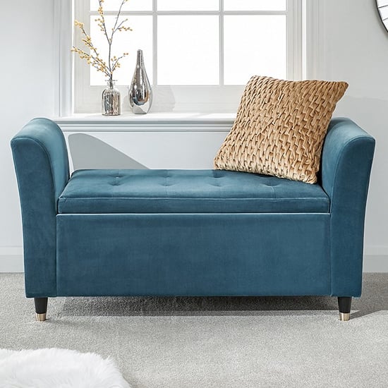 View Gospel fabric upholstered storage hallway bench in teal