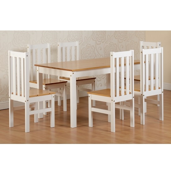 Read more about Ladkro 6 seater wooden dining table set in white and oak