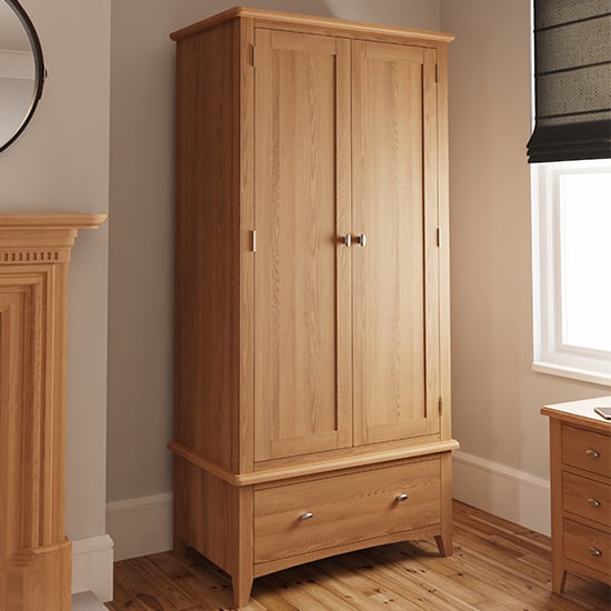 Product photograph of Gilford Wooden 2 Doors 1 Drawer Wardrobe In Light Oak from Furniture in Fashion