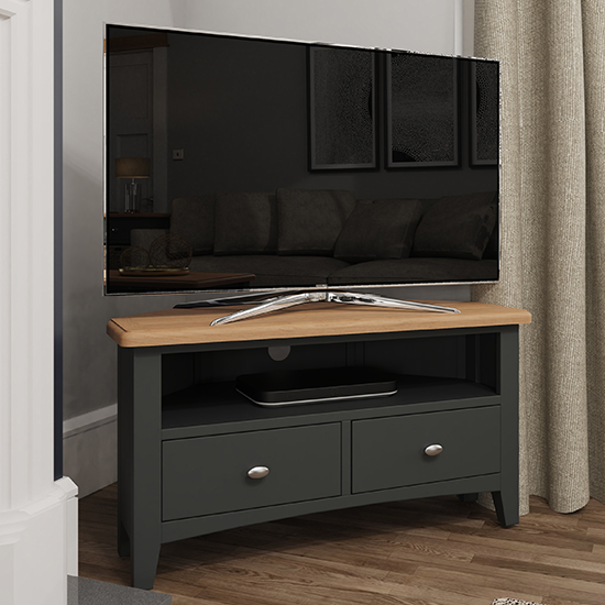 Product photograph of Gilford Wooden Corner Tv Stand In Grey from Furniture in Fashion