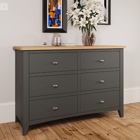 Product photograph of Gilford Wide Wooden Chest Of 6 Drawers In Grey from Furniture in Fashion