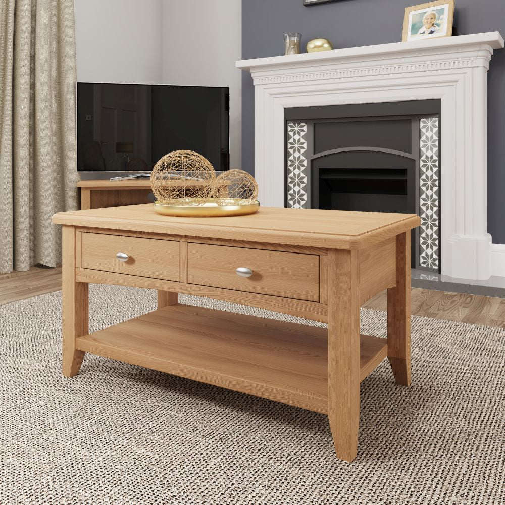 Product photograph of Gilford Wooden Coffee Table With 2 Drawers In Light Oak from Furniture in Fashion