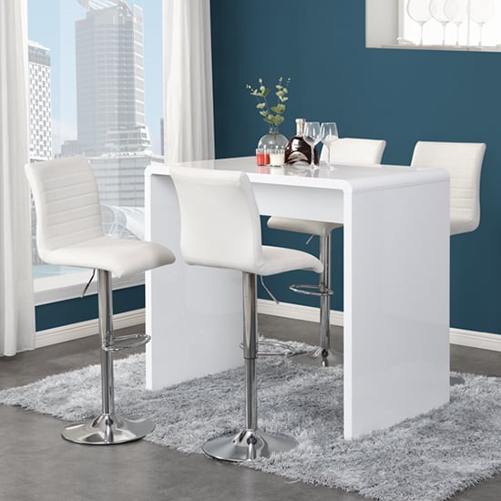 View Glacier white high gloss bar table with 4 ripple white stools