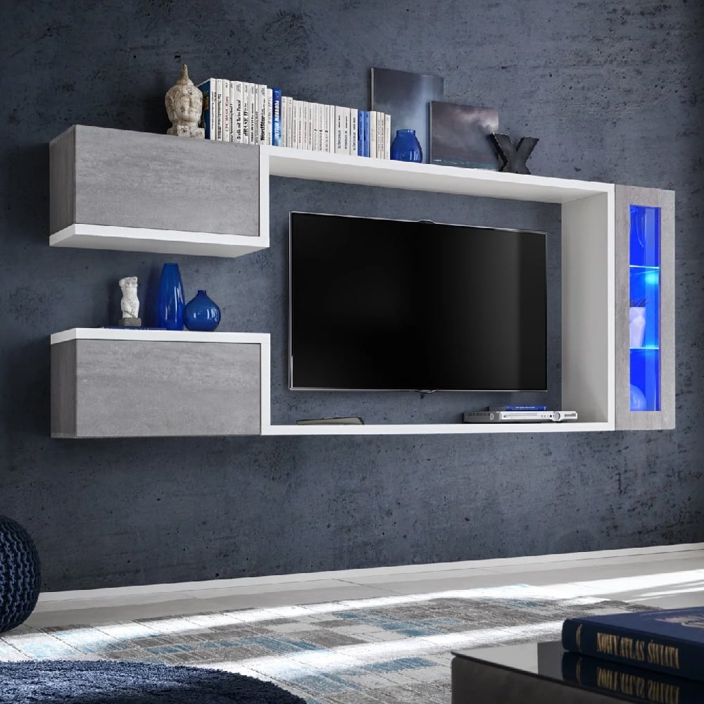 glenview wooden entertainment unit in concrete grey with led