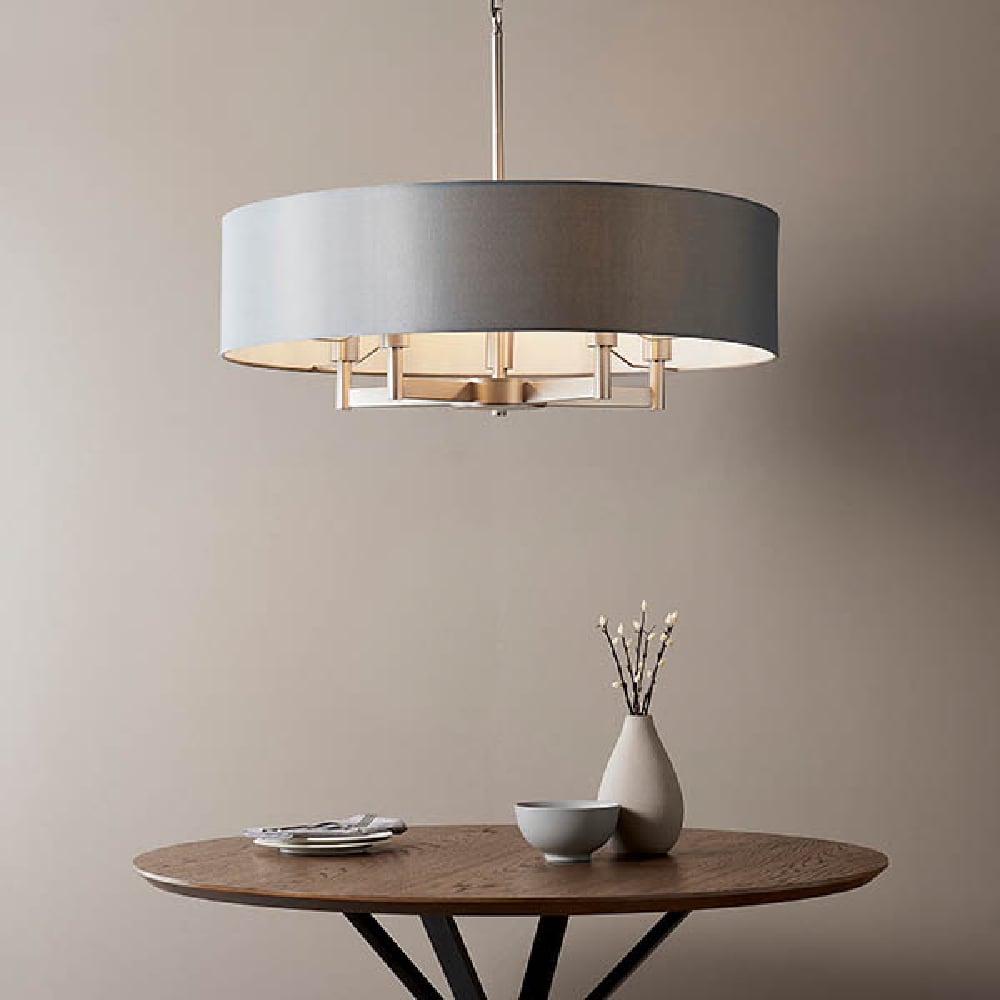 Product photograph of Gonzales Grey Cotton Fabric Pendant Light In Matt Nickel from Furniture in Fashion