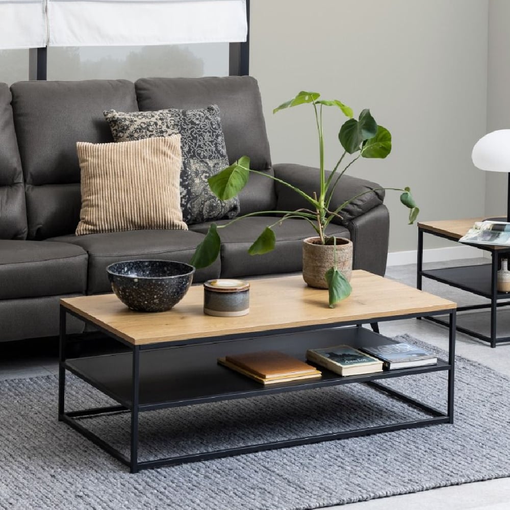 goshen wooden coffee table rectangular with 1 shelf in oak