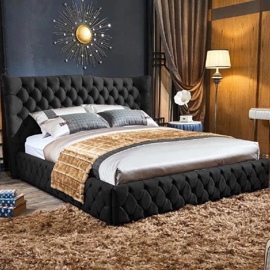 Photo of Greeley plush velvet super king size bed in black