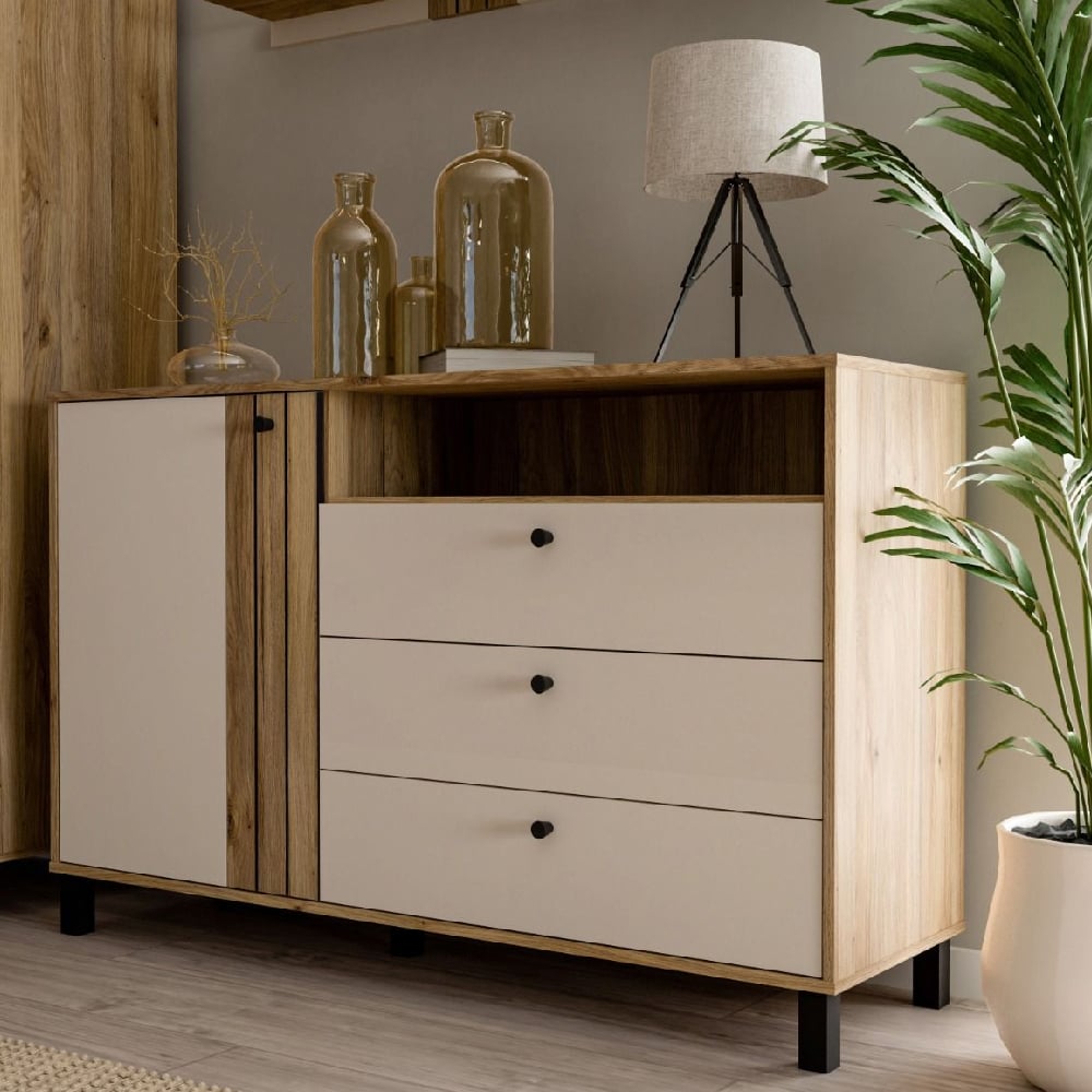 Product photograph of Greeley Wooden Sideboard With 1 Door 3 Drawers In Cream And Oak from Furniture in Fashion