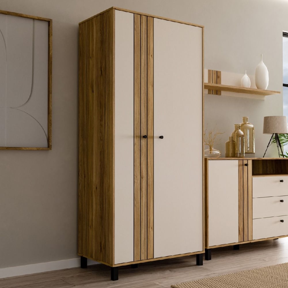 Product photograph of Greeley Wooden Wardrobe With 2 Doors In Cream And Oak from Furniture in Fashion