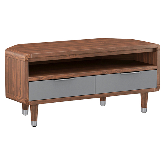 Product photograph of Grote Corner High Gloss Tv Stand 2 Drawers In Grey And Walnut from Furniture in Fashion