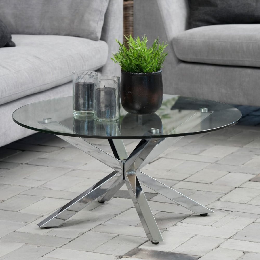 haines glass coffee table round with chrome legs in clear