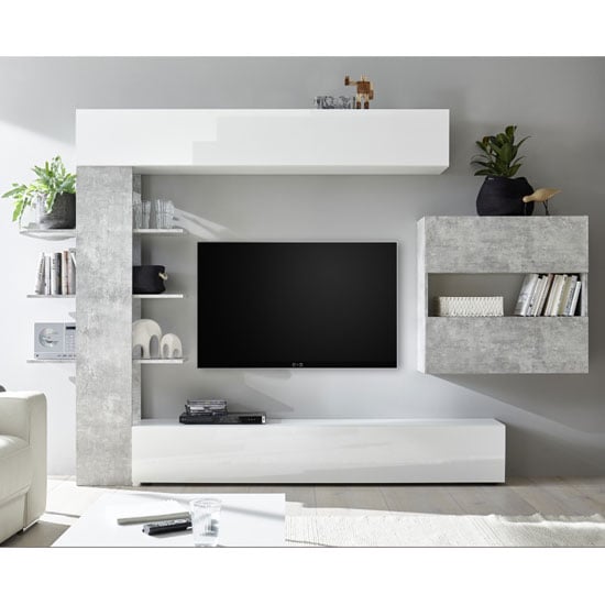 Read more about Halcyon wall entertainment unit in white gloss and cement effect