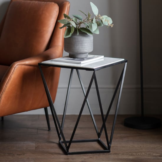 Product photograph of Halfords White Marble Top Side Table With Black Metal Frame from Furniture in Fashion