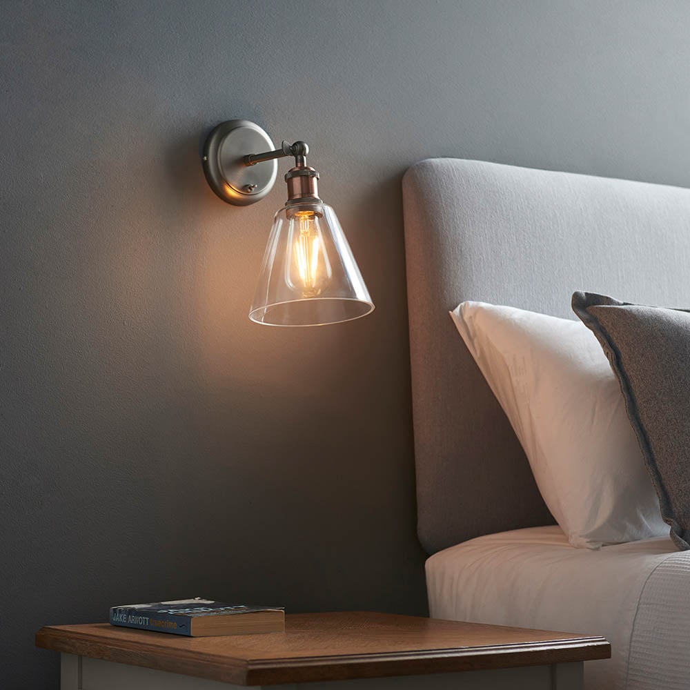 Read more about Halifax glass white shade wall light in bright nickel