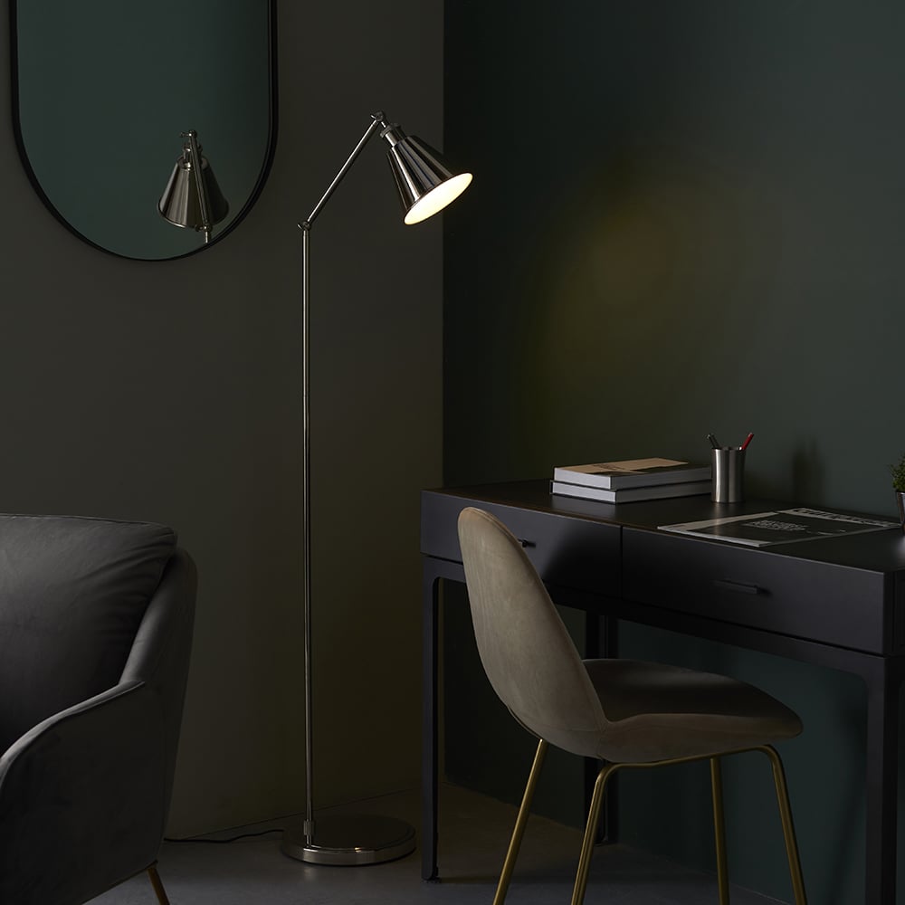 Product photograph of Halifax Satin White Shade Floor Lamp In Bright Nickel from Furniture in Fashion