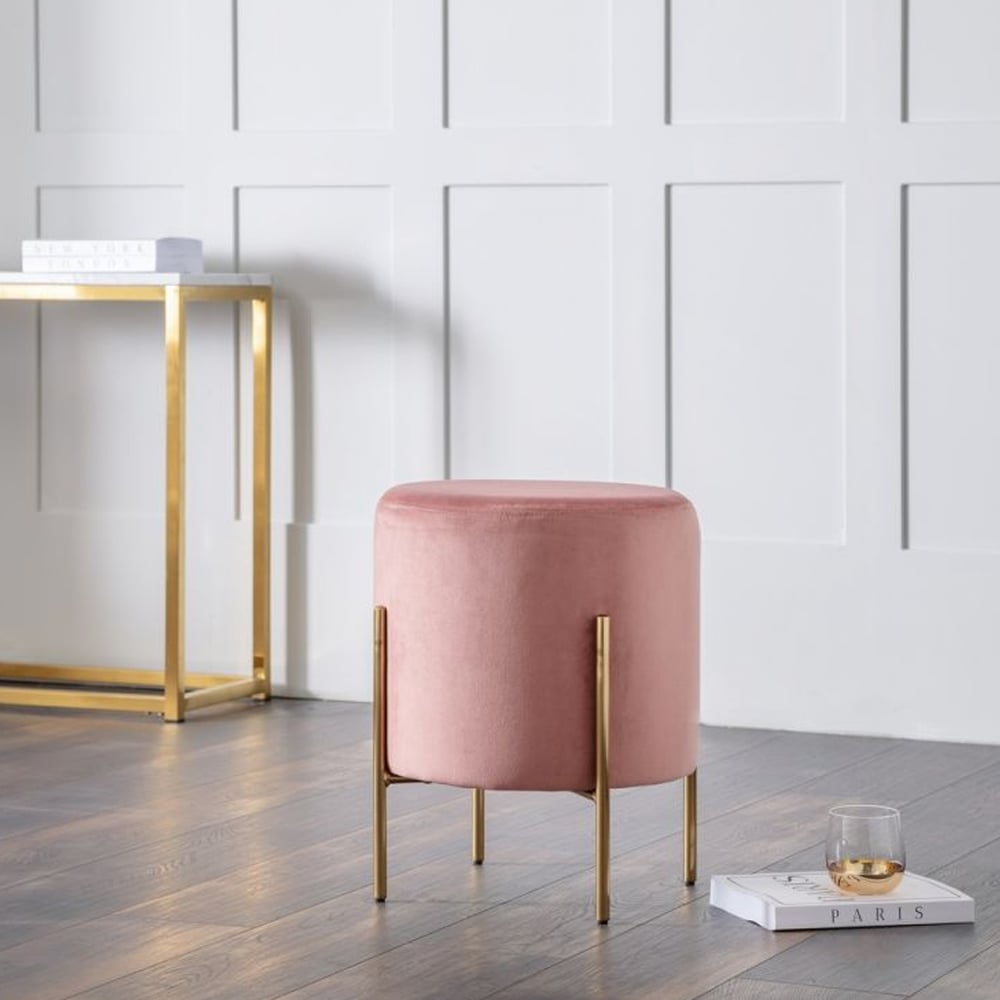 Product photograph of Halle Velvet Stool With Gold Legs In Dusky Pink from Furniture in Fashion