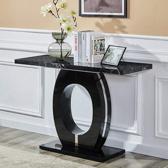 Read more about Halo high gloss console table in black and milano marble effect