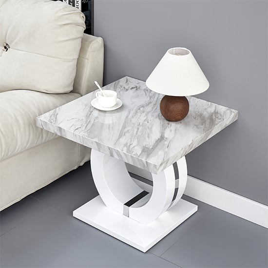 Product photograph of Halo High Gloss Lamp Table In Magnesia Marble Effect from Furniture in Fashion