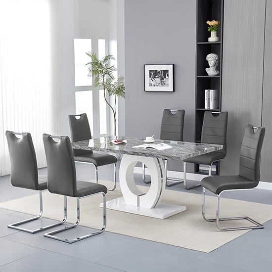 Product photograph of Halo Melange Marble Effect Dining Table 6 Petra Grey Chairs from Furniture in Fashion