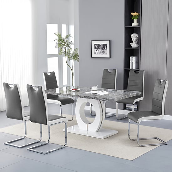 Product photograph of Halo Melange Marble Effect Dining Table 6 Petra Grey White Chairs from Furniture in Fashion
