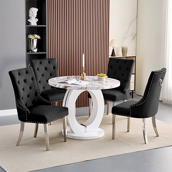 Read more about Halo milo marble effect round dining table 4 imperial black chairs