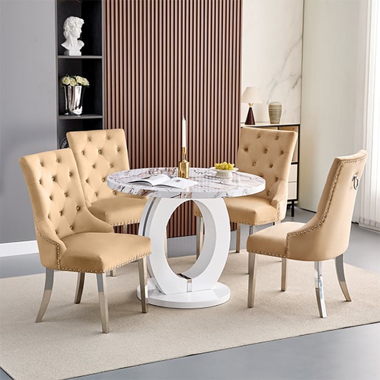 Product photograph of Halo Milo Marble Effect Round Dining Table 4 Imperial Champagne Chairs from Furniture in Fashion