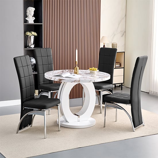 Product photograph of Halo Milo Marble Effect Round Dining Table 4 Ravenna Black Chairs from Furniture in Fashion