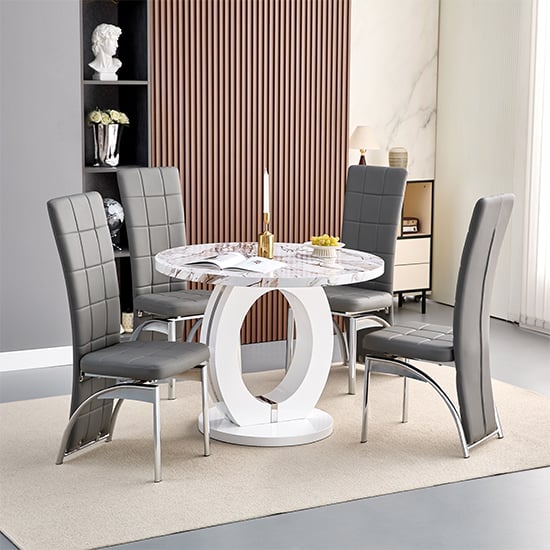 Product photograph of Halo Milo Marble Effect Round Dining Table 4 Ravenna Grey Chairs from Furniture in Fashion