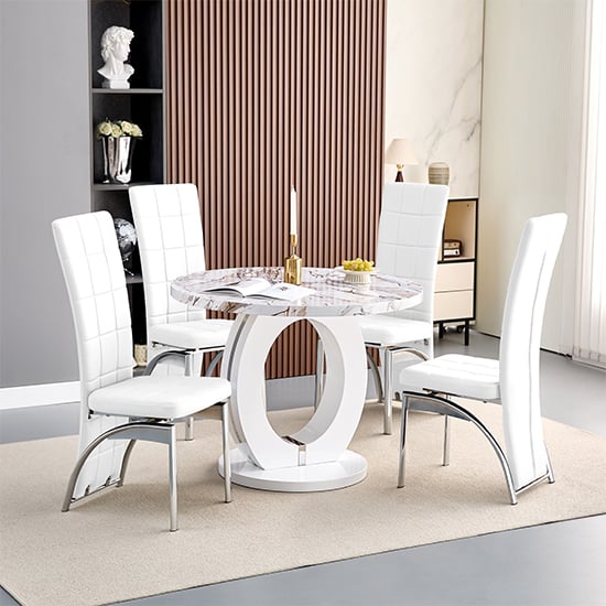 Product photograph of Halo Milo Marble Effect Round Dining Table 4 Ravenna White Chairs from Furniture in Fashion